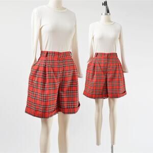 Vintage 90s Red Tartan Plaid High Waisted Pleated Front Trouser Shorts M
